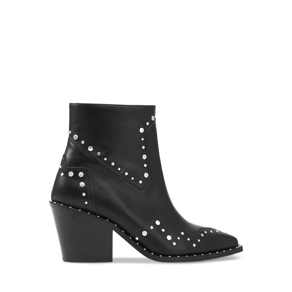The Kooples Women's Santiag Leather Studded Ankle Booties Black/Silver FR 37/US6